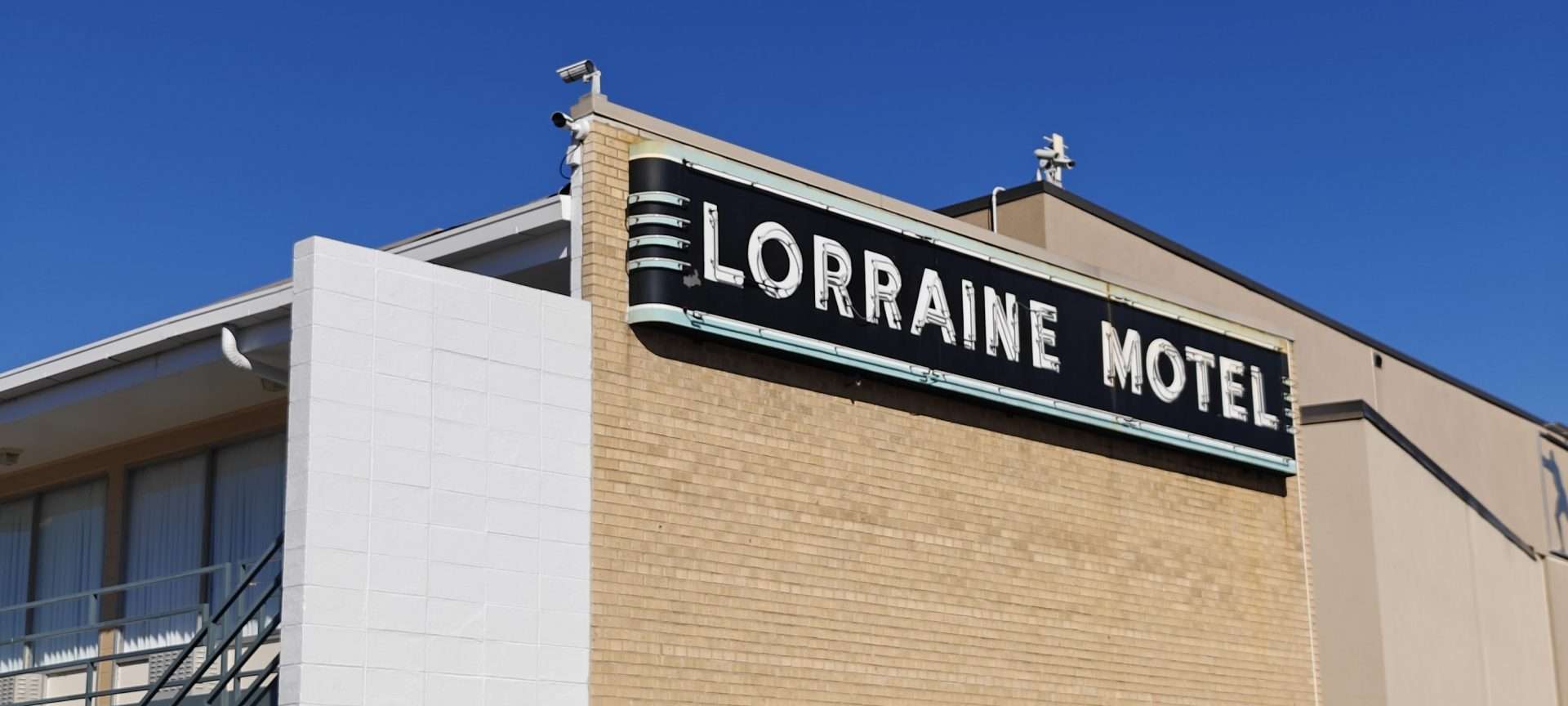 The Lorraine Motel sign seen from below at the National Civil Rights Museum in Memphis.