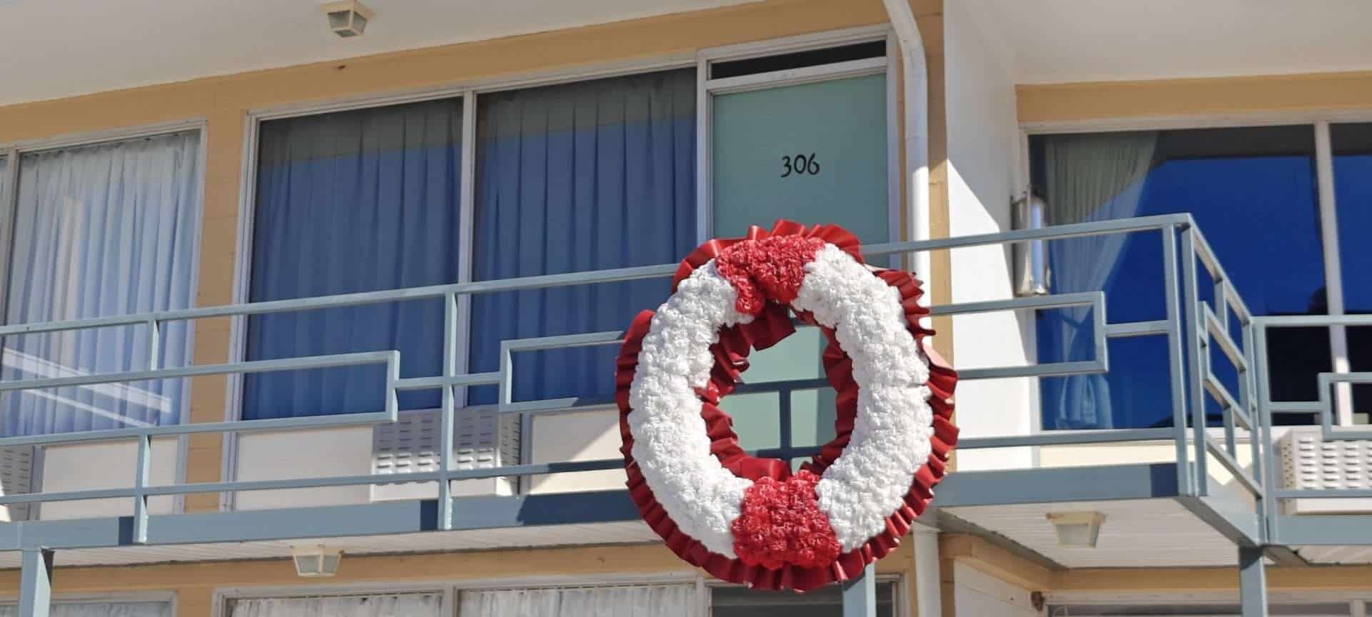The memorial wreath on the Lorraine Motel balcony outside Room 306, where Dr. Martin Luther King Jr. was assassinated, at the National Civil Rights Museum in Memphis.
