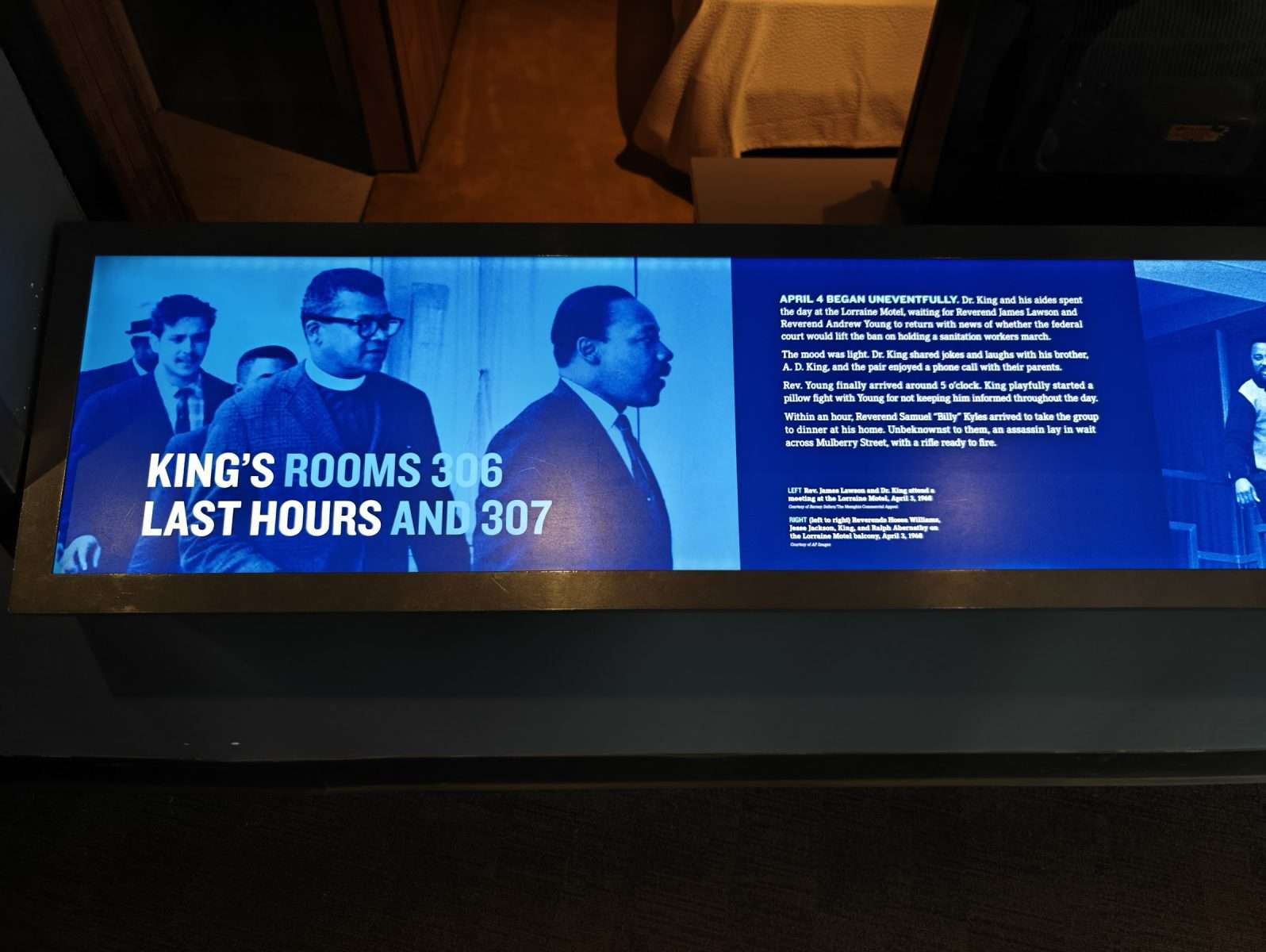 The King's Rooms 306 and 307 Last Hours exhibit sign at the National Civil Rights Museum in Memphis.