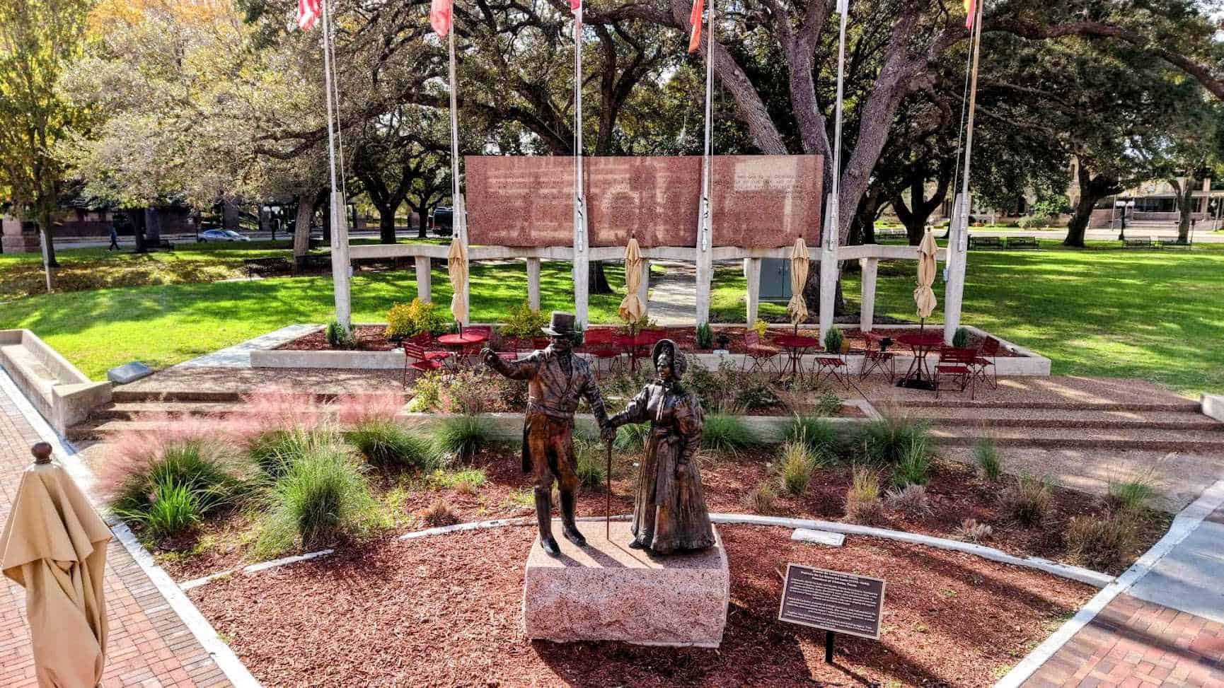 Bronze statue of Victoria founders Martin De Leon and Patricia De La Garza De Leon at DeLeon Plaza in Victoria, Texas